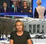 female reporter with t-shirt, behind her is Washington in snow female reporter with t-shirt, behind her is Washington in snow