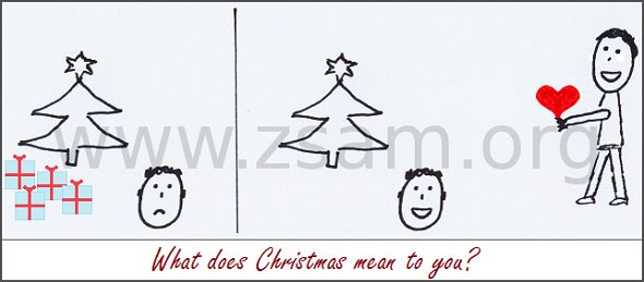Lots of gifts, but no love ZSAM.org copyright. On the one side of this picture you have a lot of gifts, but you are alone and sad. On the other side of this picture you have no gifts, but a friend is coming with a big red heart and brings you a smile in your face. And what does Christmas mean to you?