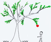 gif animation For help, two smiling people take the word ZSAM.org as a platform, close to a big tree, so one can pick a big juicy red apple, formed like a heart, to gives it to the other person.